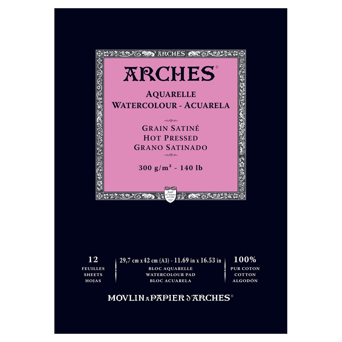 ARCHES Watercolor Hot Pressed Natural White 140 lb (300 gsm) 11.69x16.53 inch Pad (12 Sheets) - The Merri Artist - merriartist.com