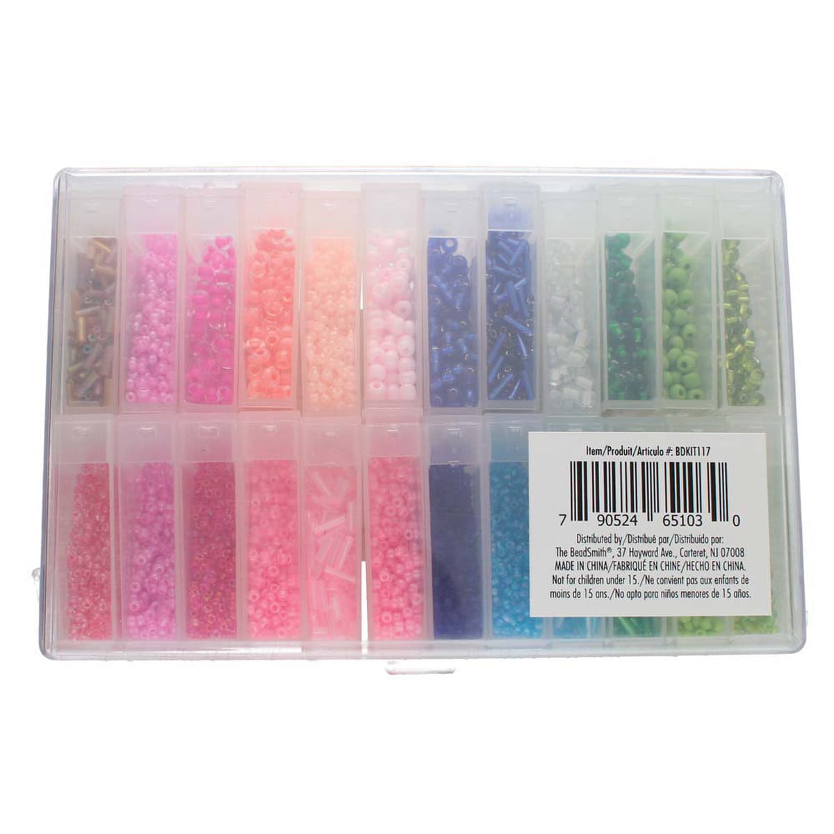 Beadsmith Glass Bead 6.9 oz Assortment ( 11/0, 6/0 Seed Beads and 5mm bugle beads) with 24 flip top tubes in Storage Box - The Merri Artist - merriartist.com