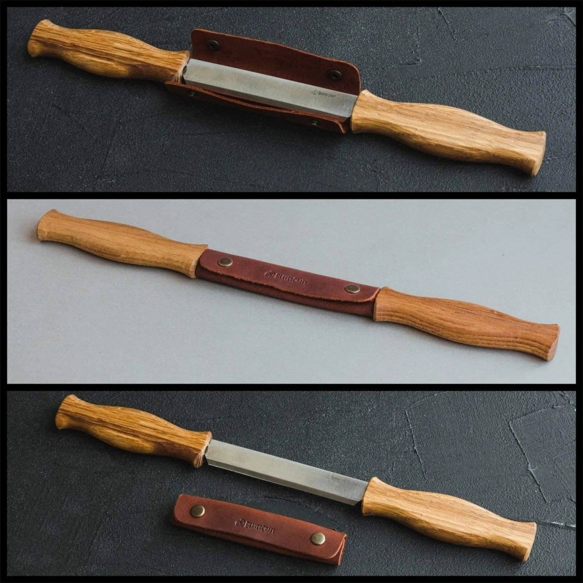 BeaverCraft - DK1S - Drawknife with Oak Handle in Leather Sheath - The Merri Artist - merriartist.com