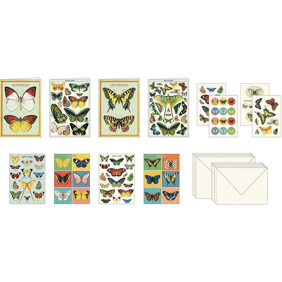 Cavallini & Co. Vintage Inspired Stationary Set (8 folded cards, 8 flat cards, 16 envelopes & 4 sheets of stickers) - Butterflies - The Merri Artist - merriartist.com