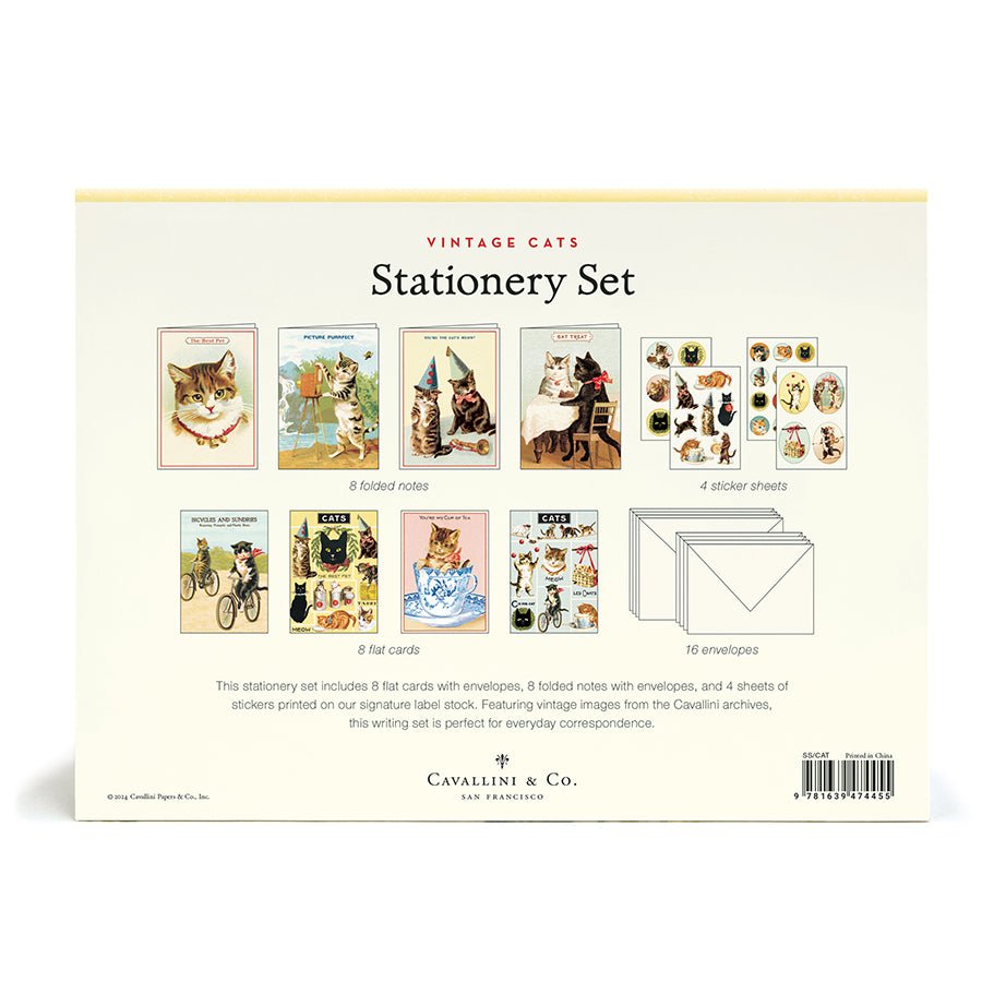 Cavallini & Co. Vintage Inspired Stationary Set (8 folded cards, 8 flat cards, 16 envelopes & 4 sheets of stickers) - Vintage Cats - The Merri Artist - merriartist.com
