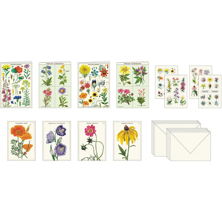 Cavallini & Co. Vintage Inspired Stationary Set (8 folded cards, 8 flat cards, 16 envelopes & 4 sheets of stickers) - Wildflowers - The Merri Artist - merriartist.com