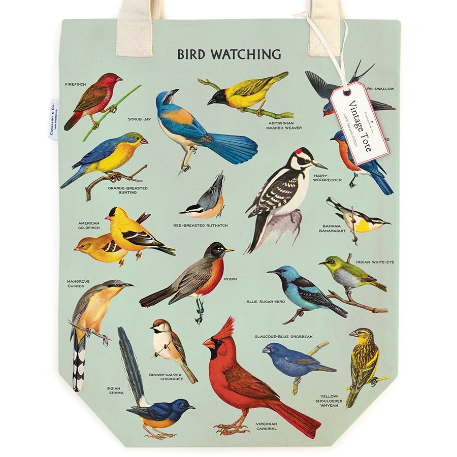 Cavallini & Co. Vintage Inspired Tote Bag - 13" x 16" (33 cm x 40.5 cm) - Bird Watching - The Merri Artist - merriartist.com