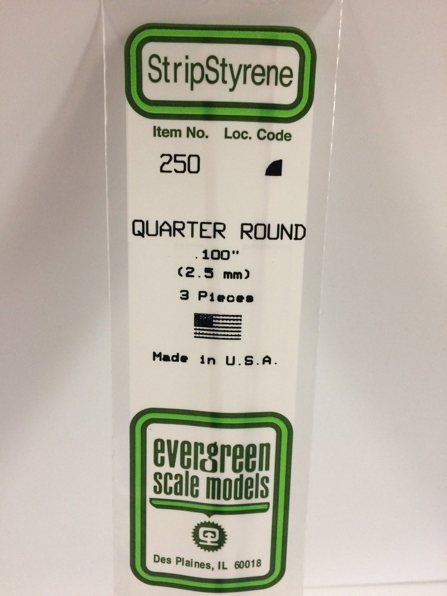 Evergreen Scale Models 250 - .100" (2.5mm) X 14" Quarter Round (3) - The Merri Artist - merriartist.com
