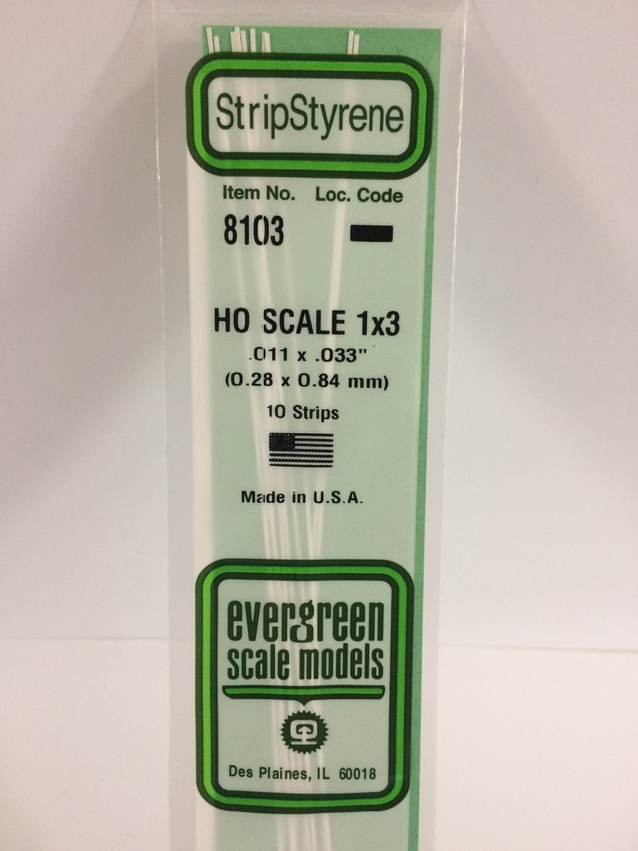 Evergreen Scale Models 8103 - .011" X .033" X 14" HO Scale 1X3 Strips (10) - The Merri Artist - merriartist.com