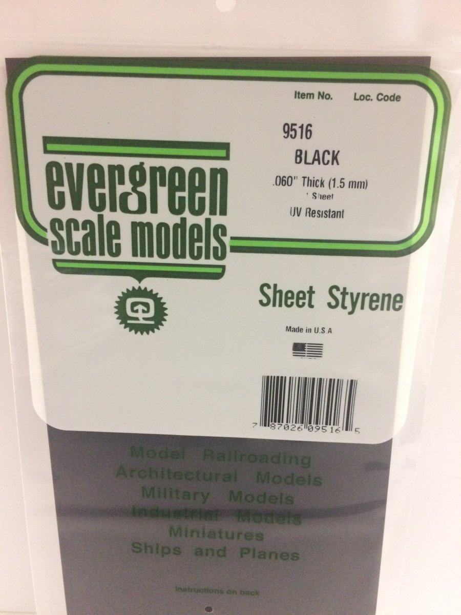 Evergreen Scale Models 9516 - 6 X 12" Black Polystyrene .060" Thick (1) - The Merri Artist - merriartist.com