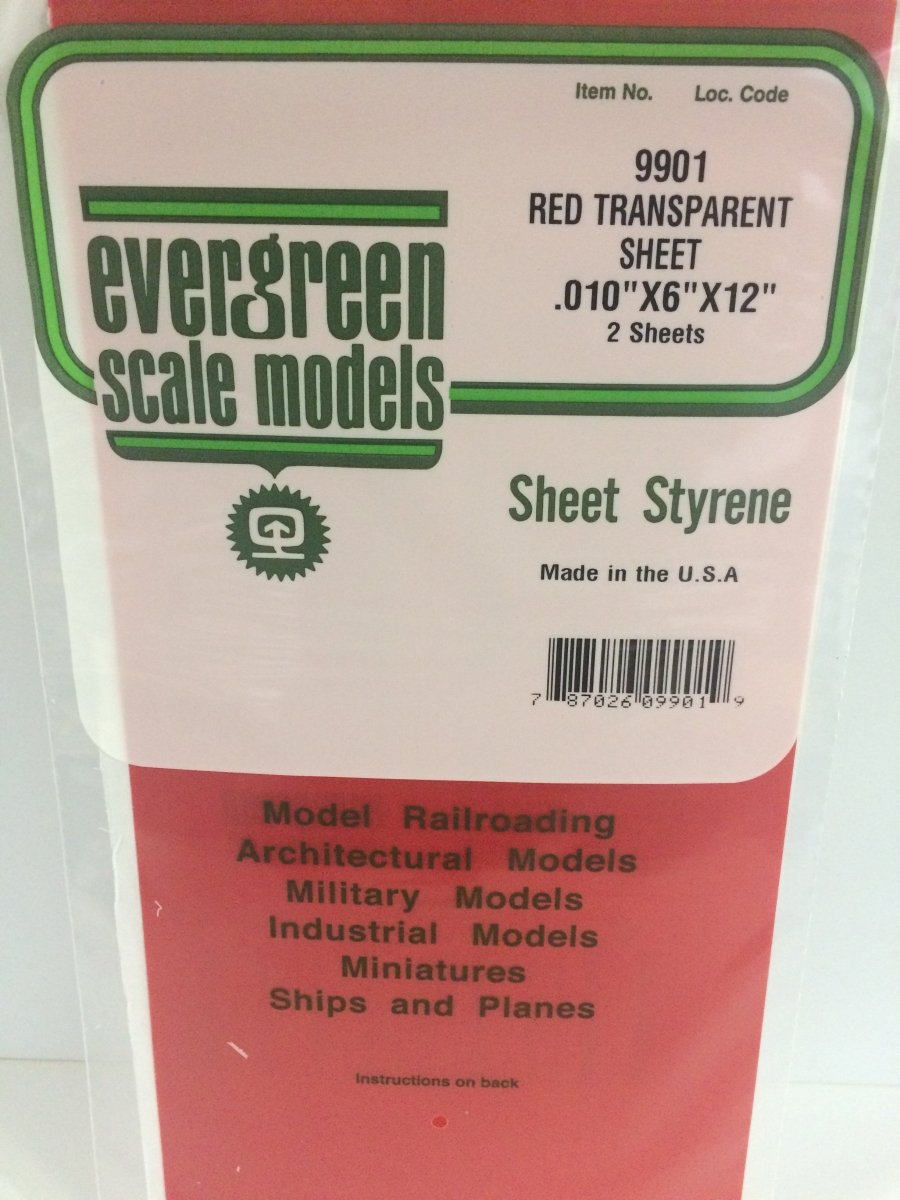 Evergreen Scale Models 9901 - .010 thick Red transparent 6" x 12 sheets (2) - The Merri Artist - merriartist.com