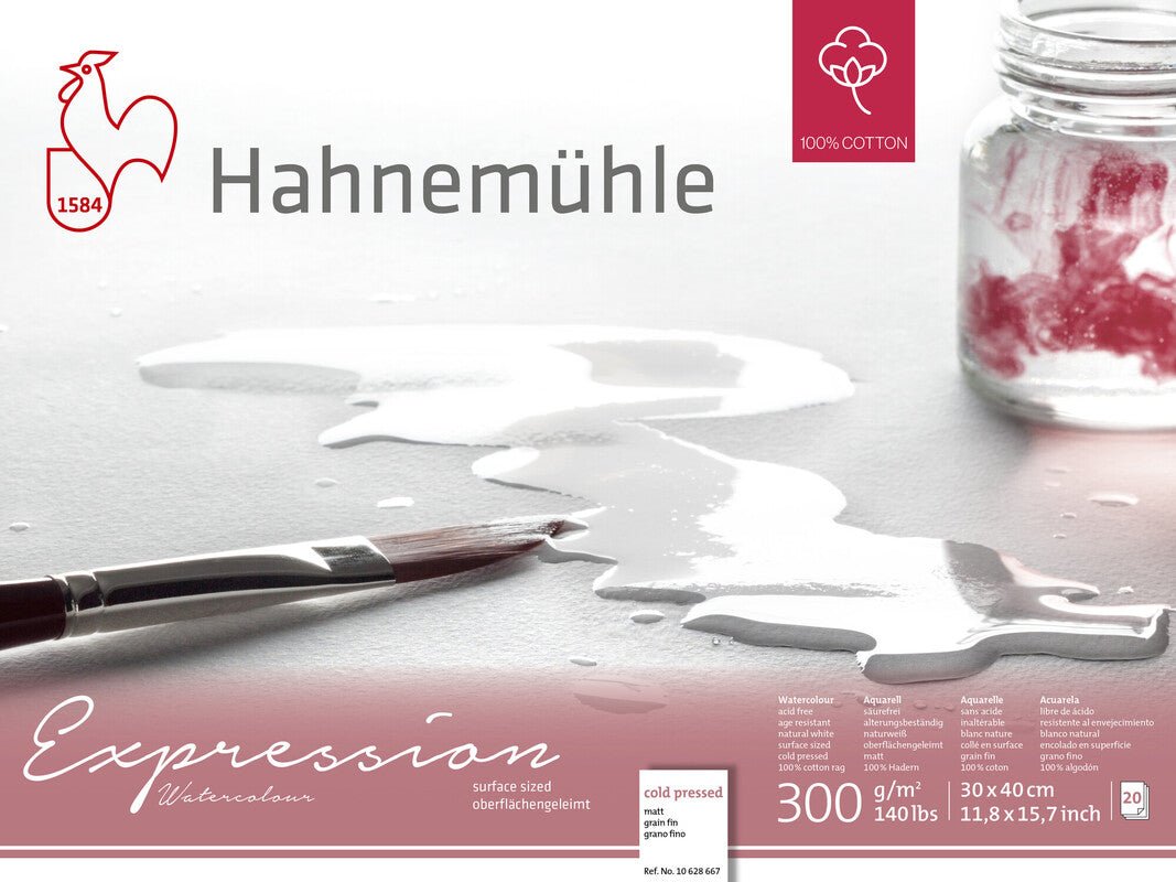 Hahnemuhle Expression Watercolor 300gsm, 100% cotton rag, block, 4 - sides glued, 20 sheets, 11.81 x 15.74in - The Merri Artist - merriartist.com