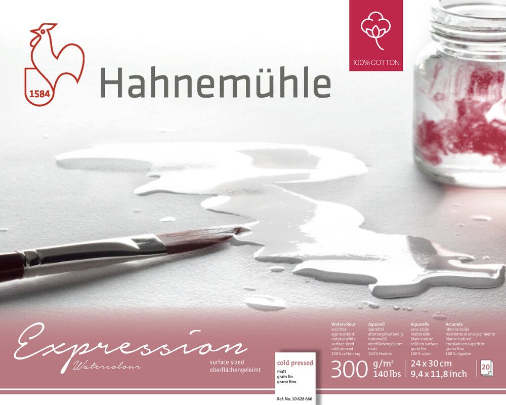 Hahnemuhle Expression Watercolor 300gsm, 100% cotton rag, block, 4 - sides glued, 20 sheets, 9.45 x 11.81in - The Merri Artist - merriartist.com