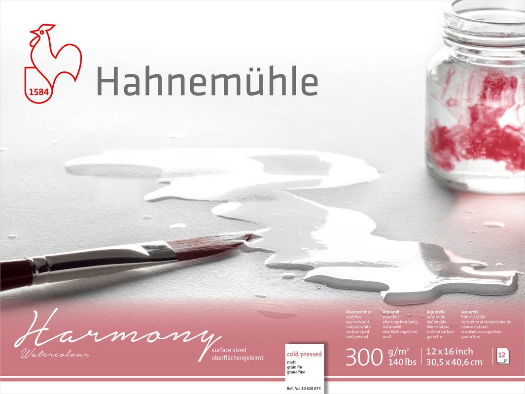 Hahnemuhle Harmony Watercolor 300gsm, 12X16in, block cold pressed, 12 sheets, 4 - sides glued - The Merri Artist - merriartist.com