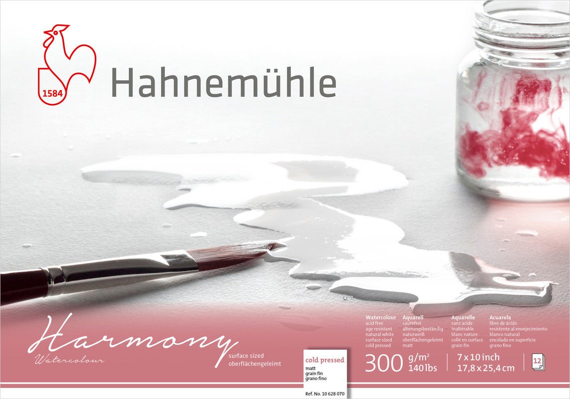 Hahnemuhle Harmony Watercolor 300gsm, 7x10in, block cold pressed, 12 sheets, 4 - sides glued - The Merri Artist - merriartist.com