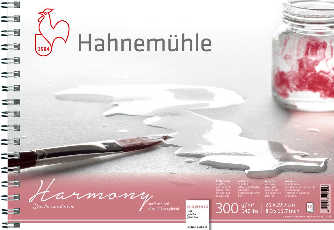 Hahnemuhle Harmony Watercolor 300gsm, 8.27 x 11.69, cold pressed, 12 sheets, spiral bound - The Merri Artist - merriartist.com