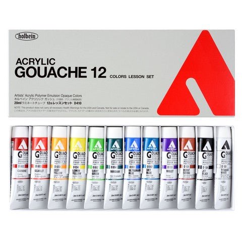 Holbein Acrylic Gouache 12 Color Lesson Set D410 - 12 X 20 ml tubes - The Merri Artist - merriartist.com