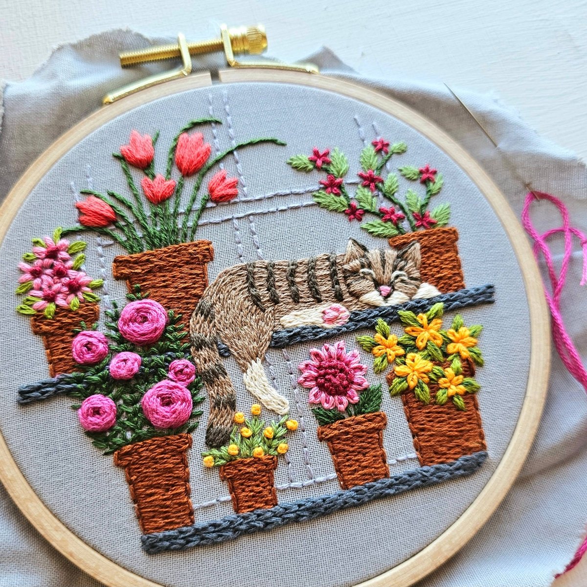 Jessica Long Embroidery - Catnap with Flowers Embroidery Kit - The Merri Artist - merriartist.com