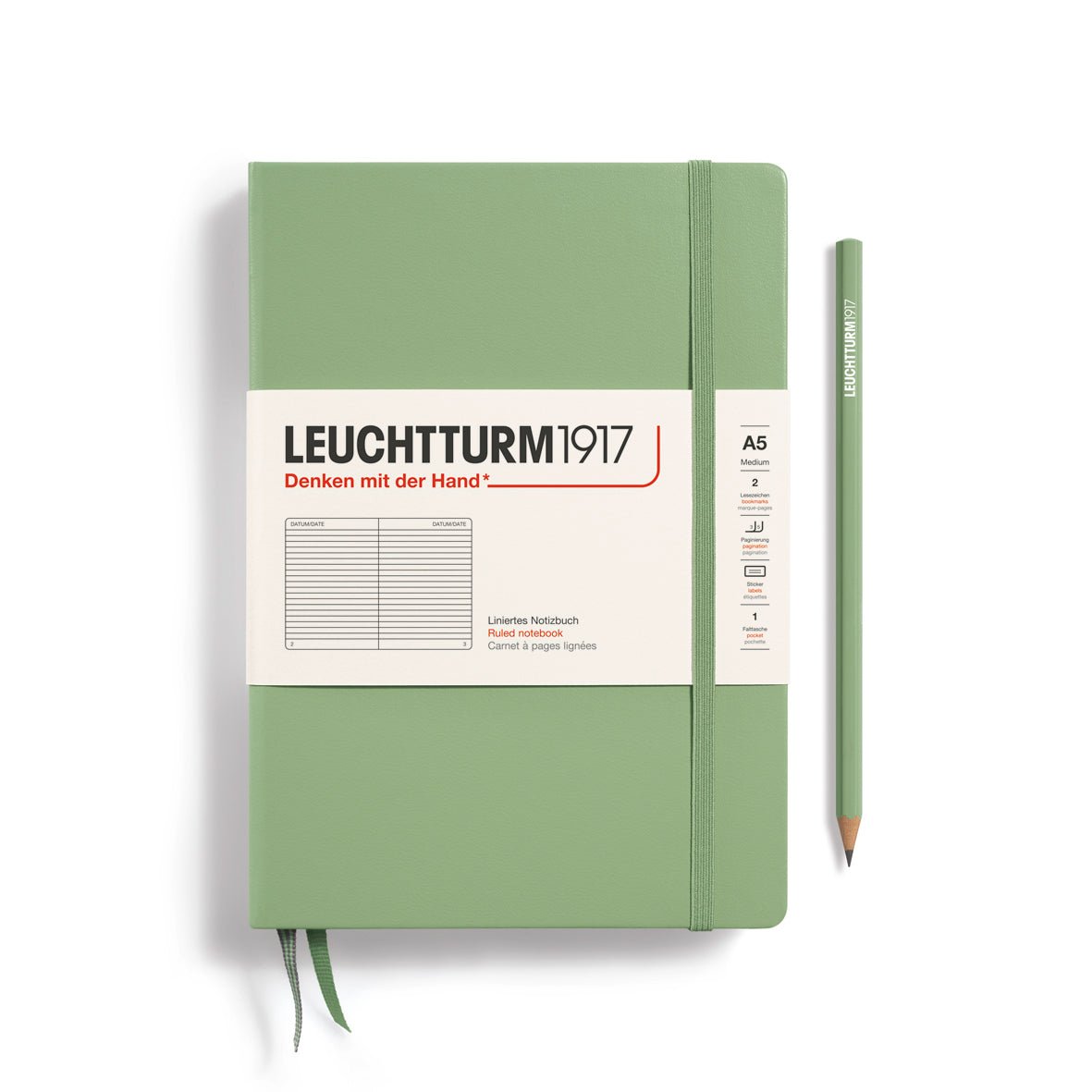 Leuchtturm1917 Hardcover Notebook - Sage - Medium 5.75 x 8.25 inch (A5) - 251 pages - ruled - The Merri Artist - merriartist.com