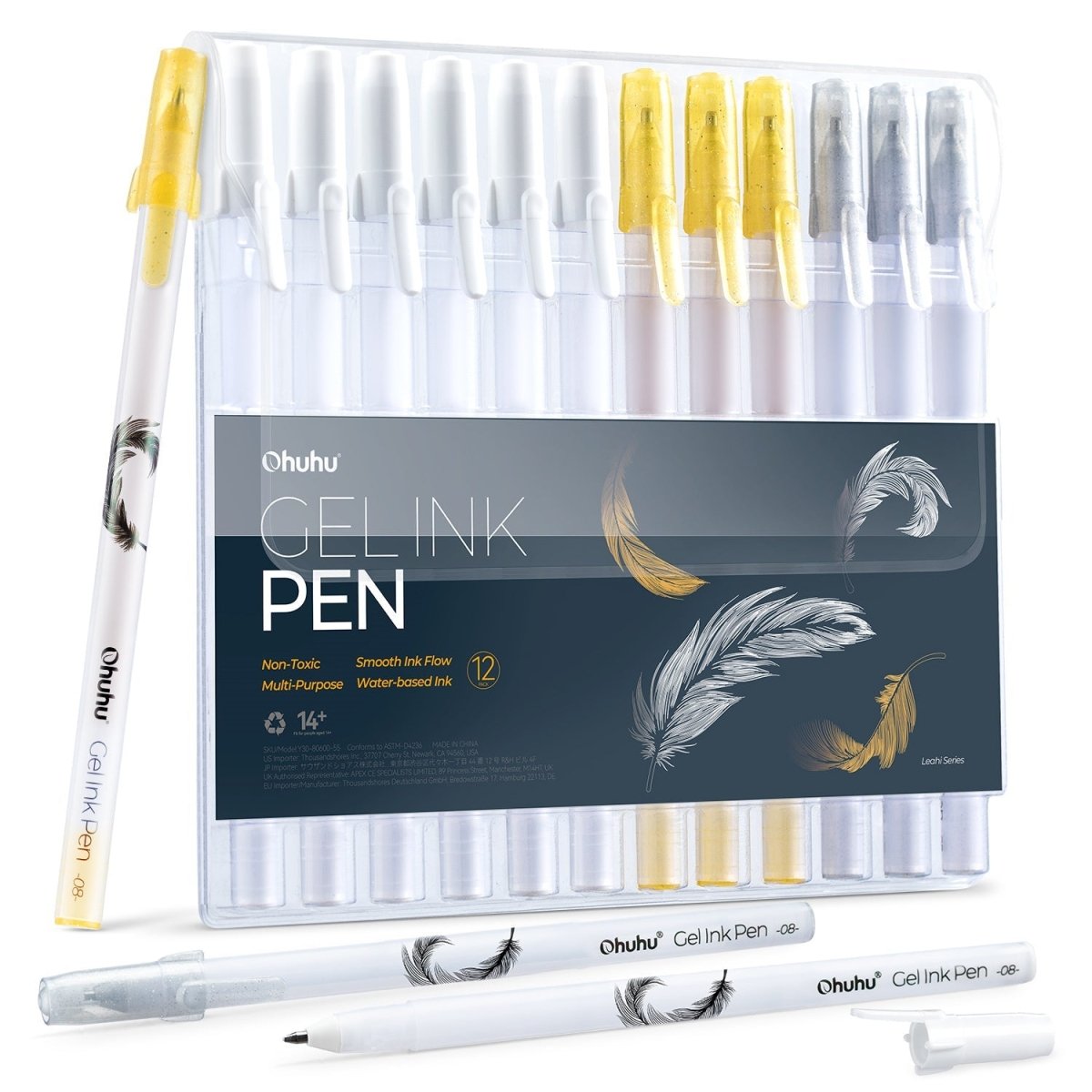 Ohuhu Gold, Silver and White Gel Pens - 12 Pack (6 White, 3 Silver, 3 Gold) - The Merri Artist - merriartist.com