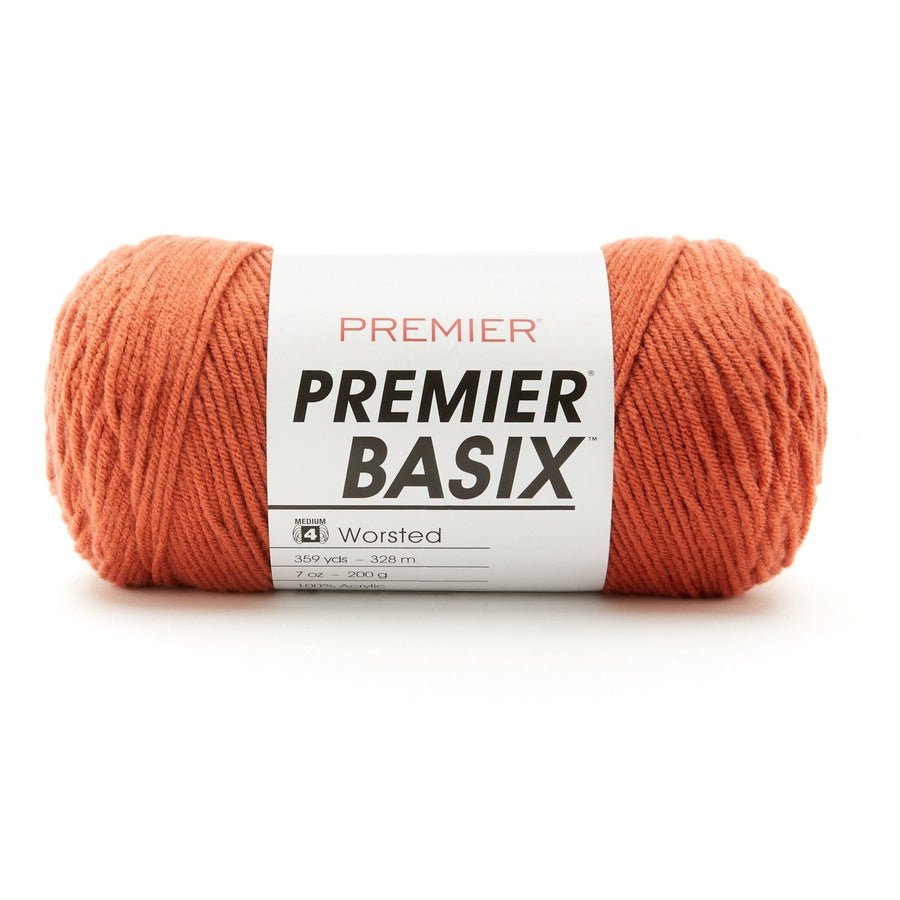 Premier Yarns Basix Worsted Solids - 100% Acrylic - 4 Medium Weight, 359 Yards - 1115 - 43 Pumpkin - The Merri Artist - merriartist.com