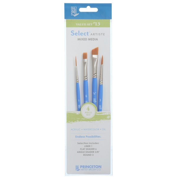 Princeton Brush Select Artiste Brush Value Set #13 (Liner 1, Flat Shader 6, Angle Shader 3/8" & Round 3) - The Merri Artist - merriartist.com