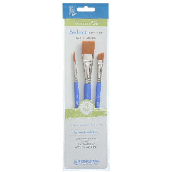 Princeton Brush Select Artiste Brush Value Set #14 (Round 5, Flat Wash 3/4" & Angle Shader 3/8") - The Merri Artist - merriartist.com