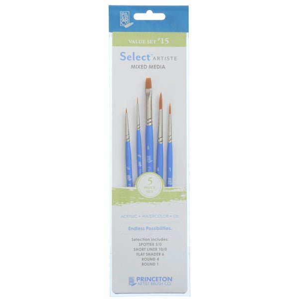 Princeton Brush Select Artiste Brush Value Set #15 (Round 1 & 4, Spotter 5/0, Short Liner 10/0 & Flat Shader 6) - The Merri Artist - merriartist.com