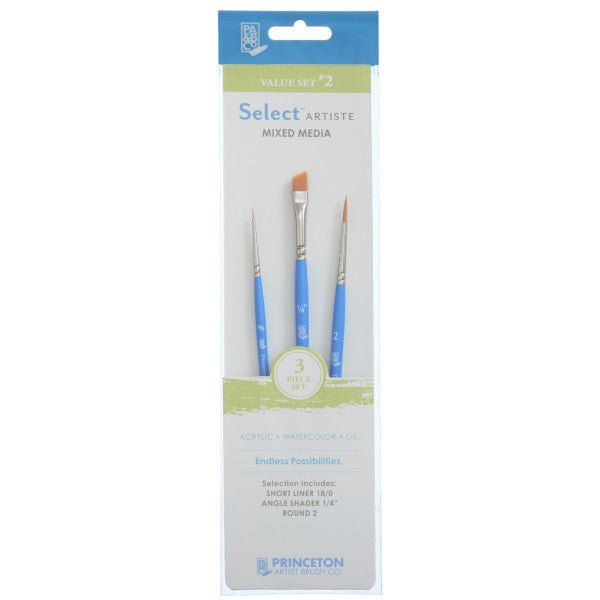 Princeton Brush Select Artiste Brush Value Set #2 (Short Liner 18/0, Angle Shader 1/4" & Round 2) - The Merri Artist - merriartist.com