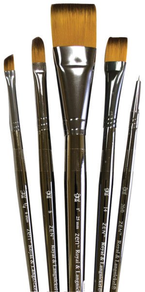 Royal Brush Zen Series 73 All Media Short Handle Set C - Set of 5 (Wash 1", Angular 1/4", Filbert 8, Shader 14, Spotter 20/0) - The Merri Artist - merriartist.com