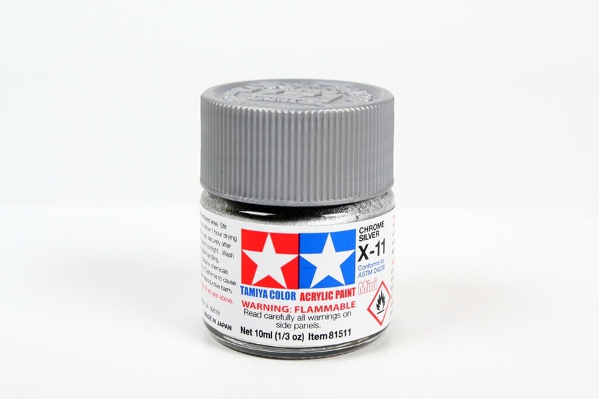 Tamiya Mini Acrylic 10 ml - X - 11 Chrome Silver Gloss Finish - The Merri Artist - merriartist.com