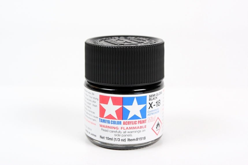 Tamiya Mini Acrylic 10 ml - X - 18 Semi Gloss Finish Black - The Merri Artist - merriartist.com