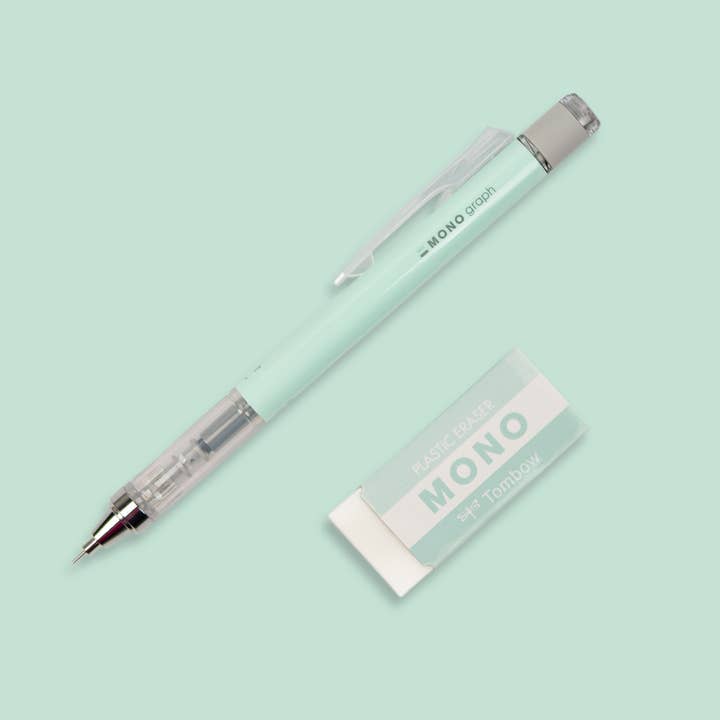 Tombow Mono Graph Mechanical Pencil + Eraser Set - Mint Green - The Merri Artist - merriartist.com