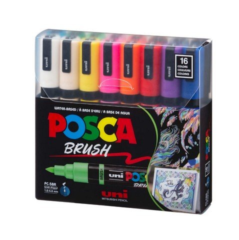 uni POSCA Acrylic Paint Marker - PC - 5BR Felt Brush Tip - 16 Color Set - The Merri Artist - merriartist.com