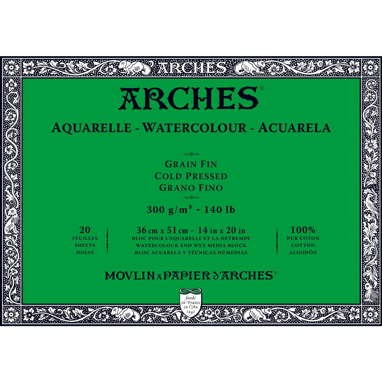 ARCHES Watercolor Block - Cold Pressed 140 lb 14x20 inch (20 Sheets) - merriartist.com
