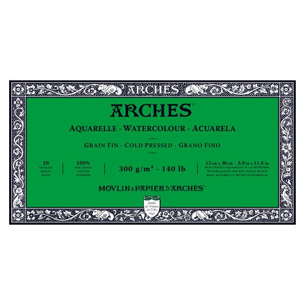 ARCHES Watercolor Block - Cold Pressed 140 lb 5.9x11.8 inch (20 Sheets) - merriartist.com