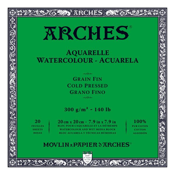 ARCHES Watercolor Block - Cold Pressed 140 lb 7.9x7.9 inch (20 Sheets) - merriartist.com