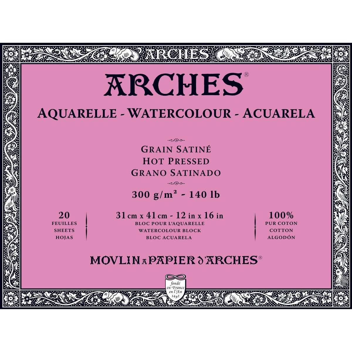 ARCHES Watercolor Block - Hot Pressed 140 lb 12x16 inch (20 Sheets) - merriartist.com