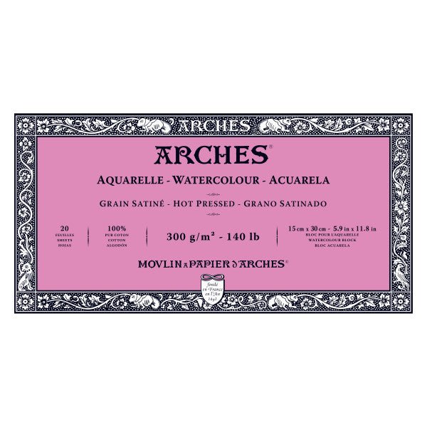 ARCHES Watercolor Block - Hot Pressed 140 lb 5.9x11.8 inch (20 Sheets) - merriartist.com