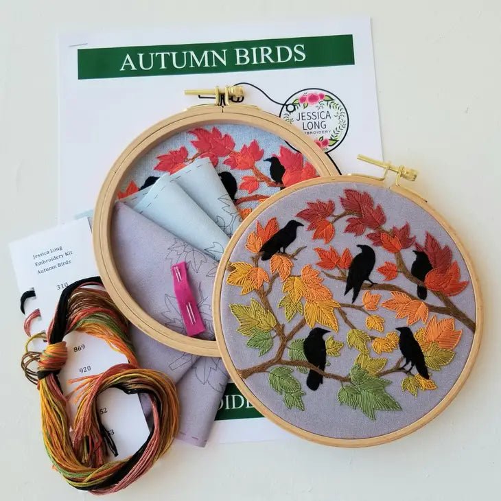 Autumn Birds Embroidery Kit, Grey-blue - merriartist.com
