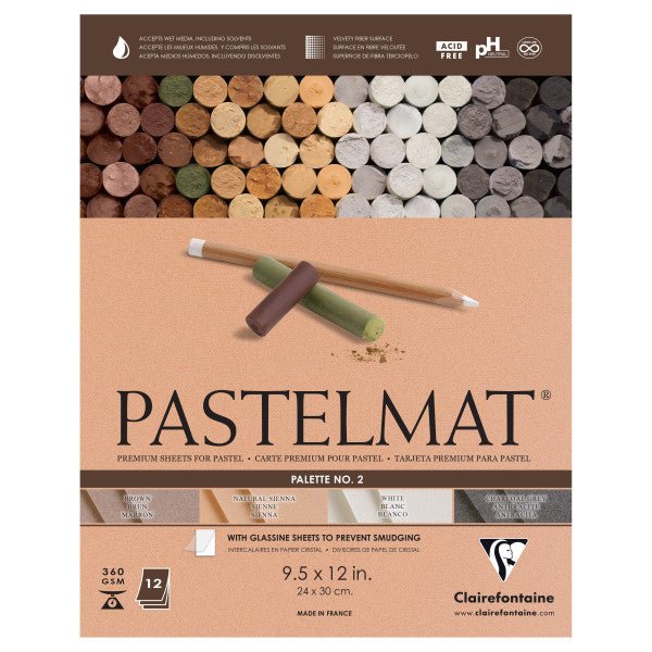 Clairefontaine Premium Pastelmat Pad PL2 (3 sheets each white, natural  sienna, brown and charcoal gray), 9 x 12