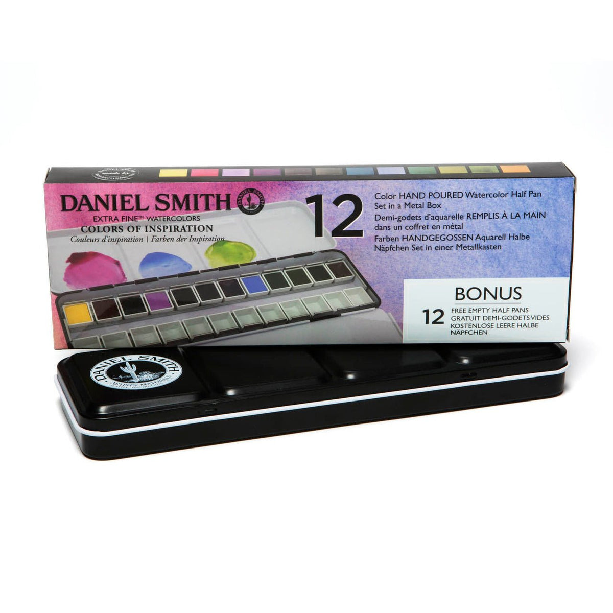 Daniel Smith Extra Fine Watercolor Set - 12 Color of Inspiration Hand Poured Half Pan Set in a METAL BOX with BONUS 12 Empty Half Pans - merriartist.com