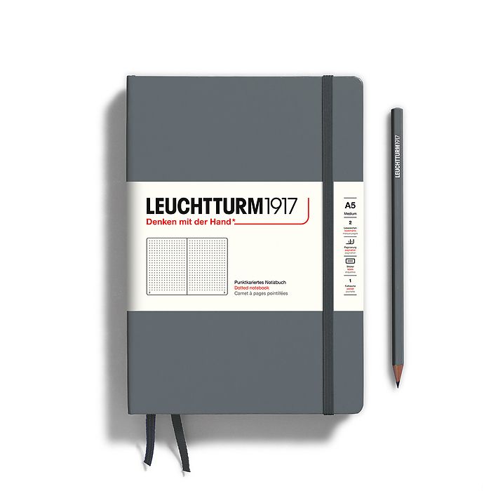 Leuchtturm1917 Hardcover Notebook - Anthracite - Medium 5.75 x 8.25 inch (A5) - 251 pages - dotted - merriartist.com