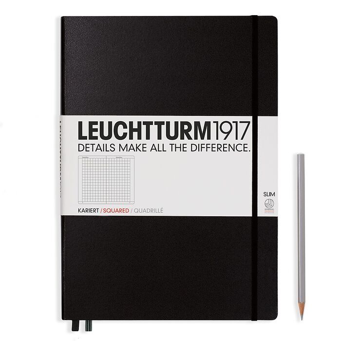Leuchtturm1917 Hardcover Notebook - Black - Master Slim 8.75 x 12.5 inch (A4+) - 123 pages - squared - merriartist.com