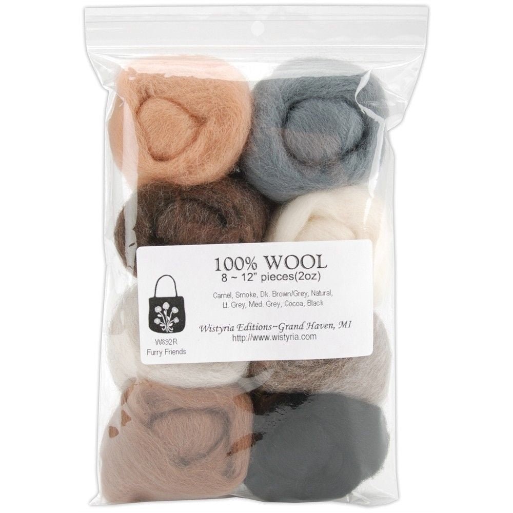 Wistyria Editions Wool Roving 2 ounces (8 X .25 ounce pieces) - 8 Furry Friends - merriartist.com