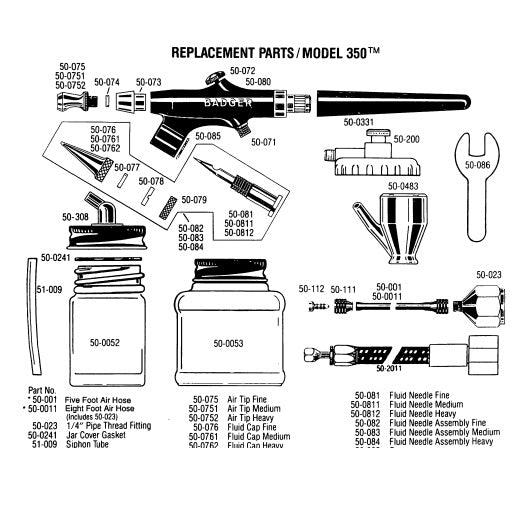 Replacement Parts for Badger Universal 350 Series Airbrushes - merriartist.com