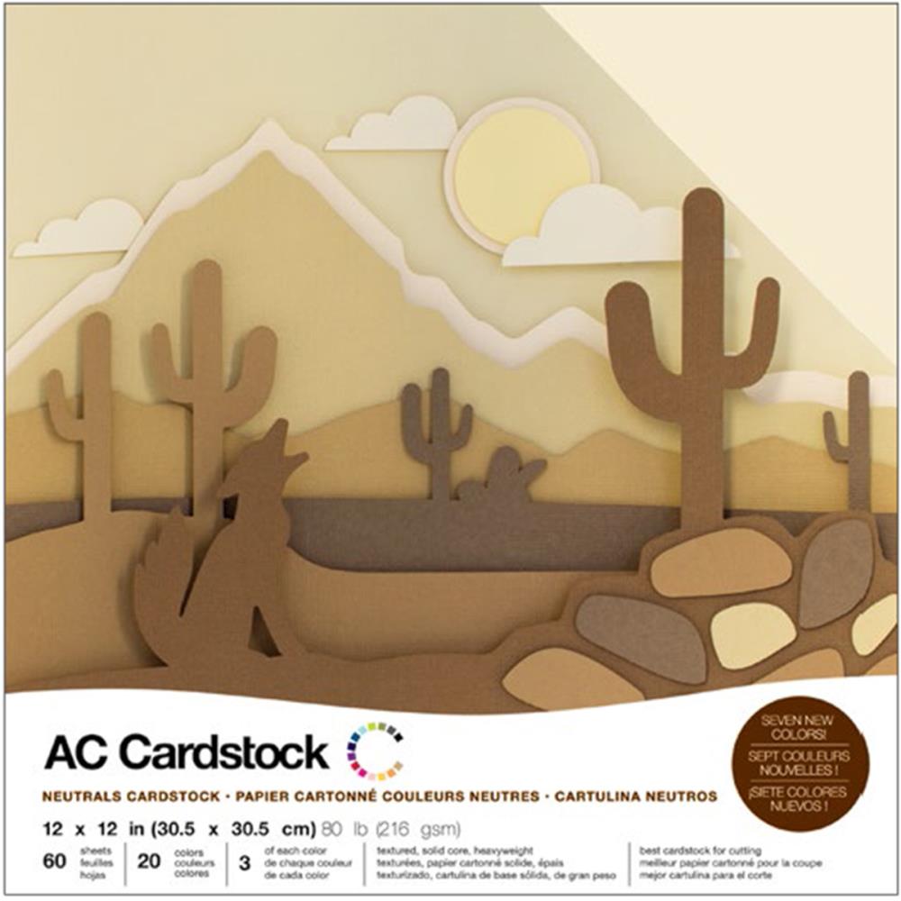 American Crafts Variety Cardstock Pack - Textured, Solid Core, 80 lb. 12"X12" Pack of 60 - Neutral Tones