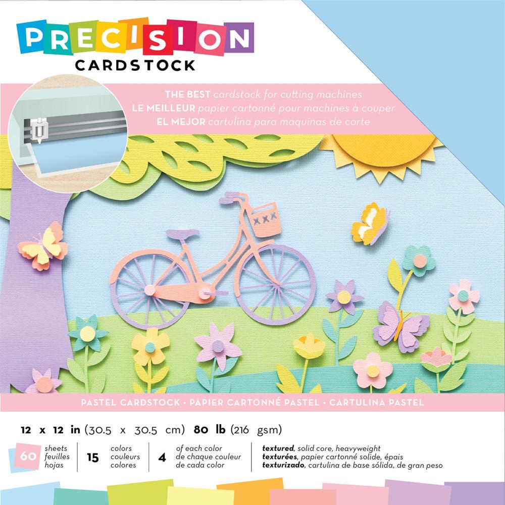 American Crafts Precision Cardstock Pack - Textured, Solid Core, 80lb 12"X12" Pack of 60 - Pastels