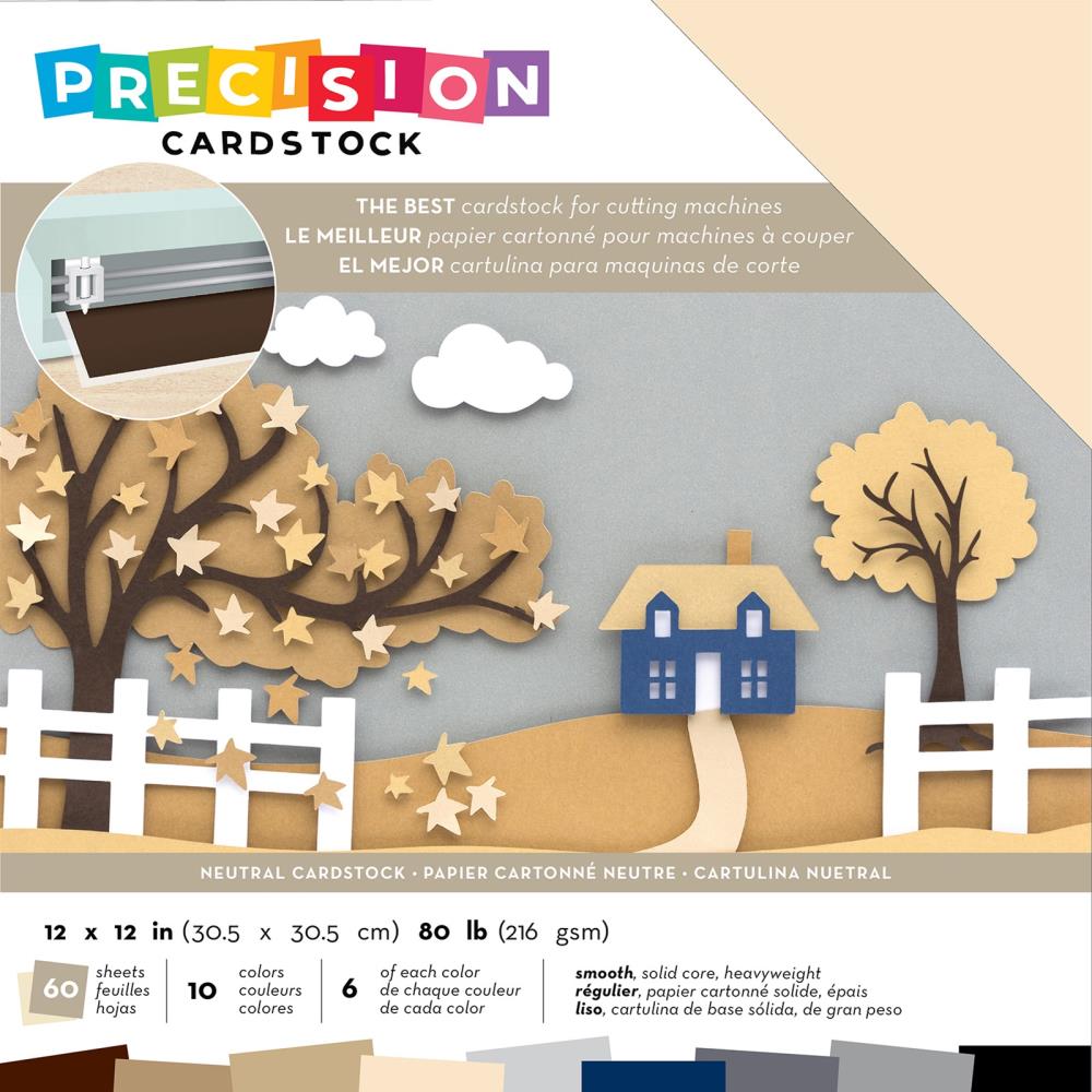 American Crafts Precision Cardstock Pack - Smooth, Solid Core, 80lb 12"X12" Pack of 60 - Neutrals