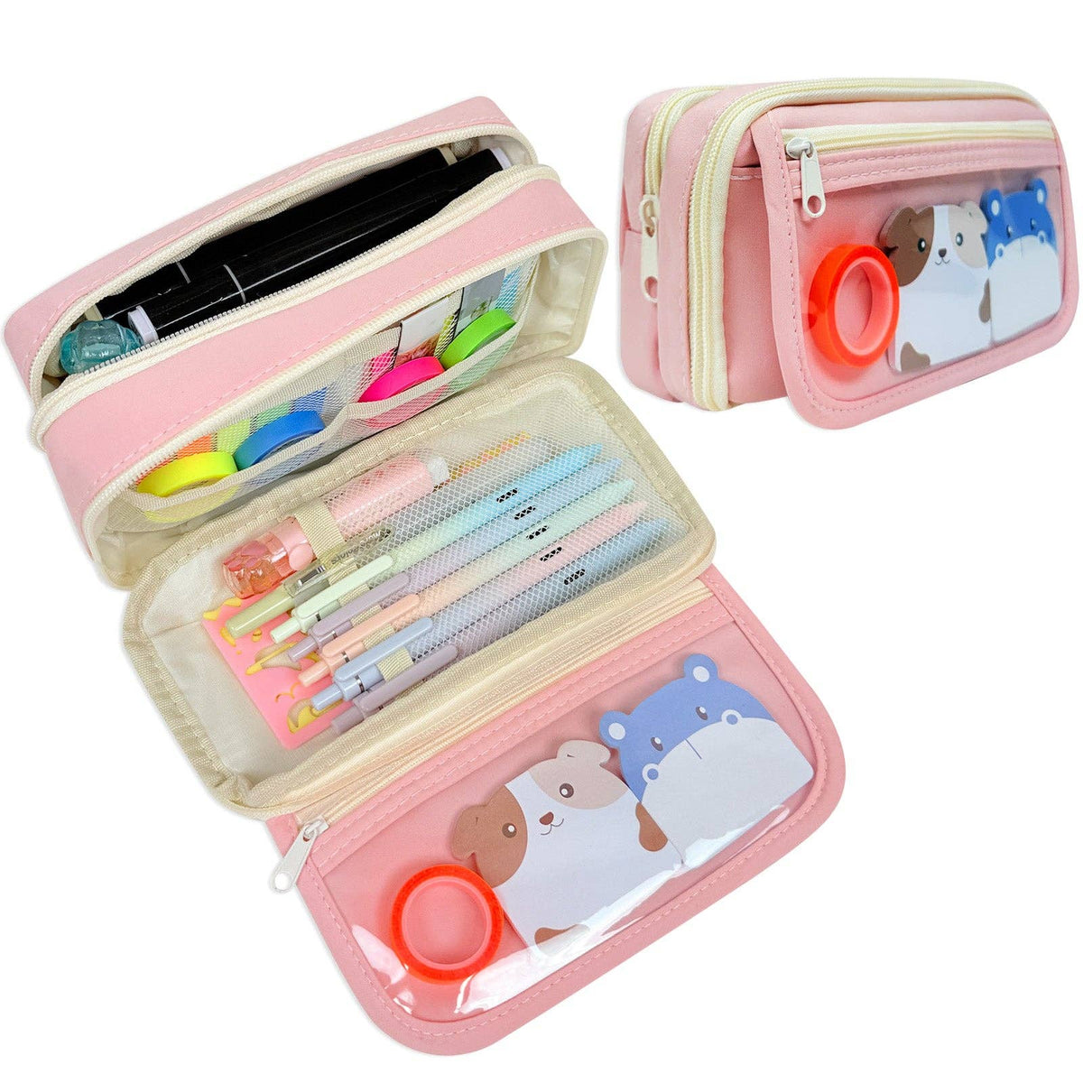 Wrapables.com - Wrapables 9 Compartment Large Capacity Pencil Case with Transparent Compartment, Organizer Pouch for Stationery Tools, Makeup, and Travel - Pink