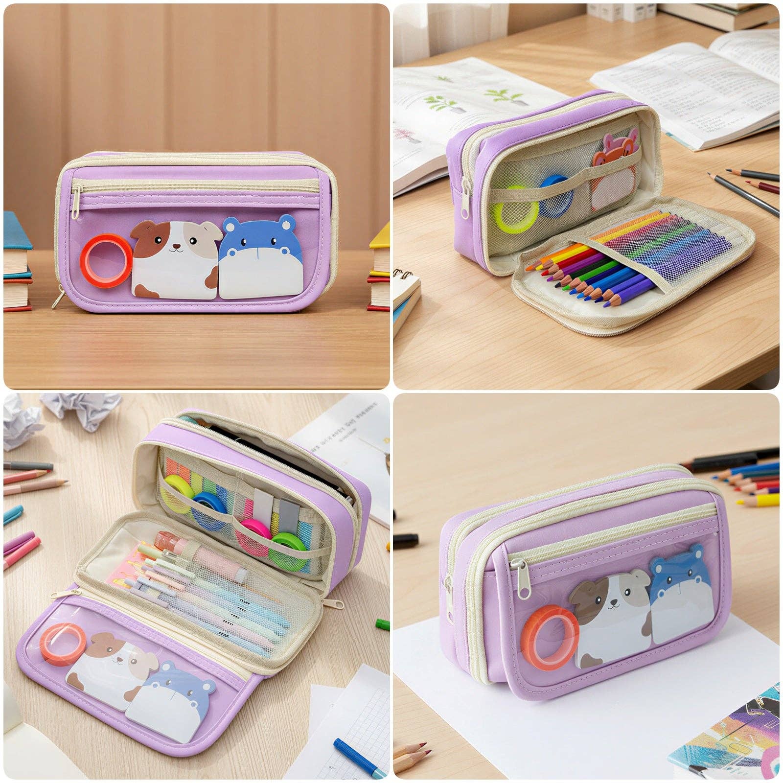 9 Compartment Large Capacity Pencil Case with Transparent Compartment, Organizer Pouch -  - Lavender