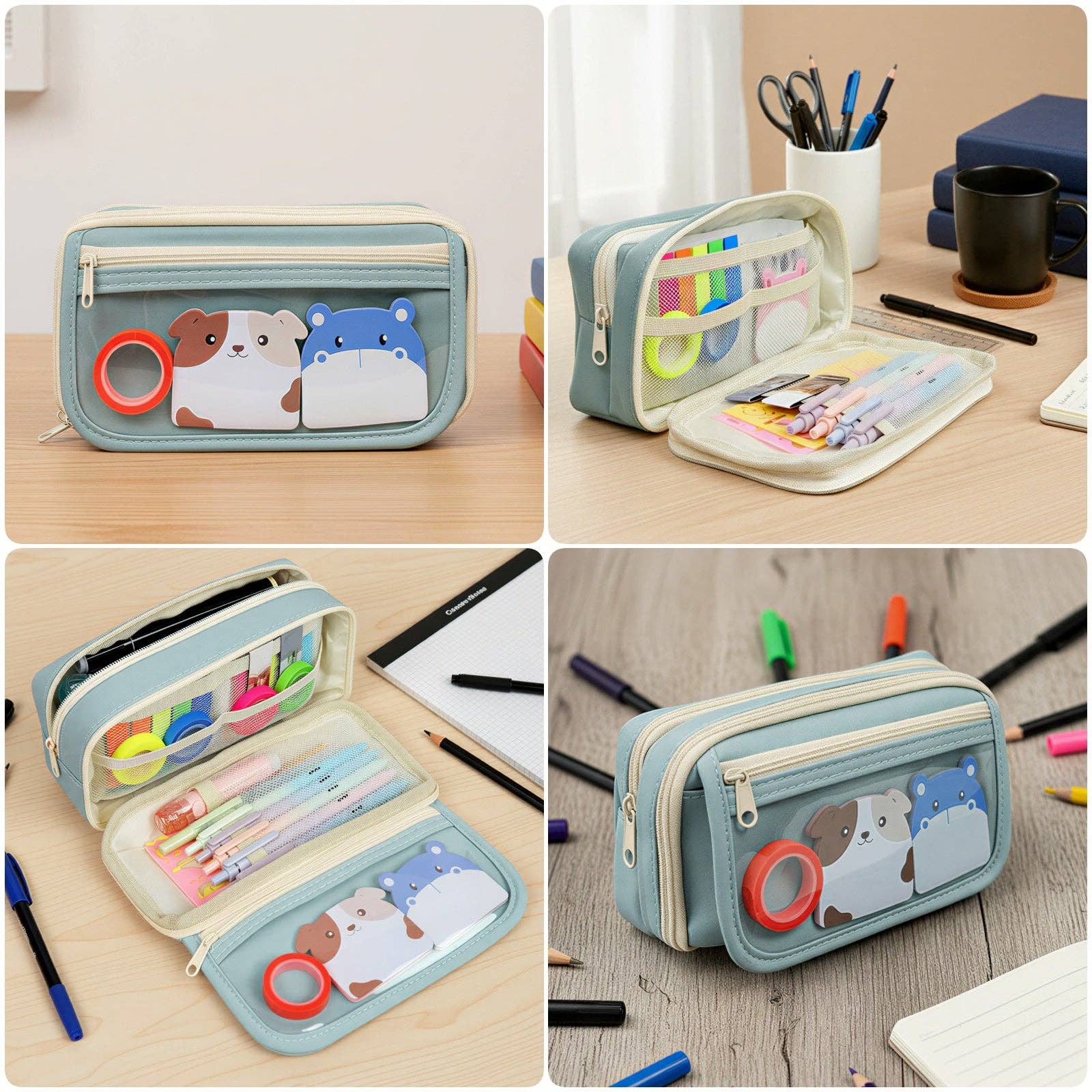 9 Compartment Large Capacity Pencil Case with Transparent Compartment, Organizer Pouch -  - Blue