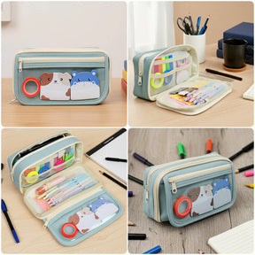 9 Compartment Large Capacity Pencil Case with Transparent Compartment, Organizer Pouch -  - Blue
