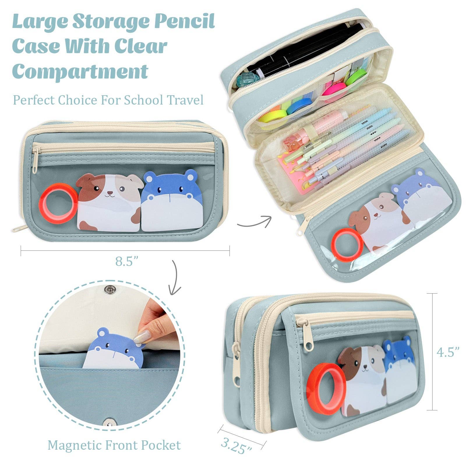 9 Compartment Large Capacity Pencil Case with Transparent Compartment, Organizer Pouch -  - Lavender